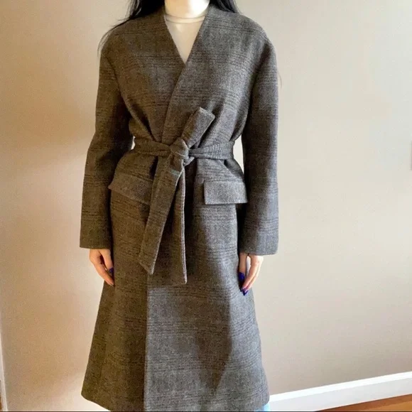Zara wool belted coat herringbone check print grey - Picture 2 of 7